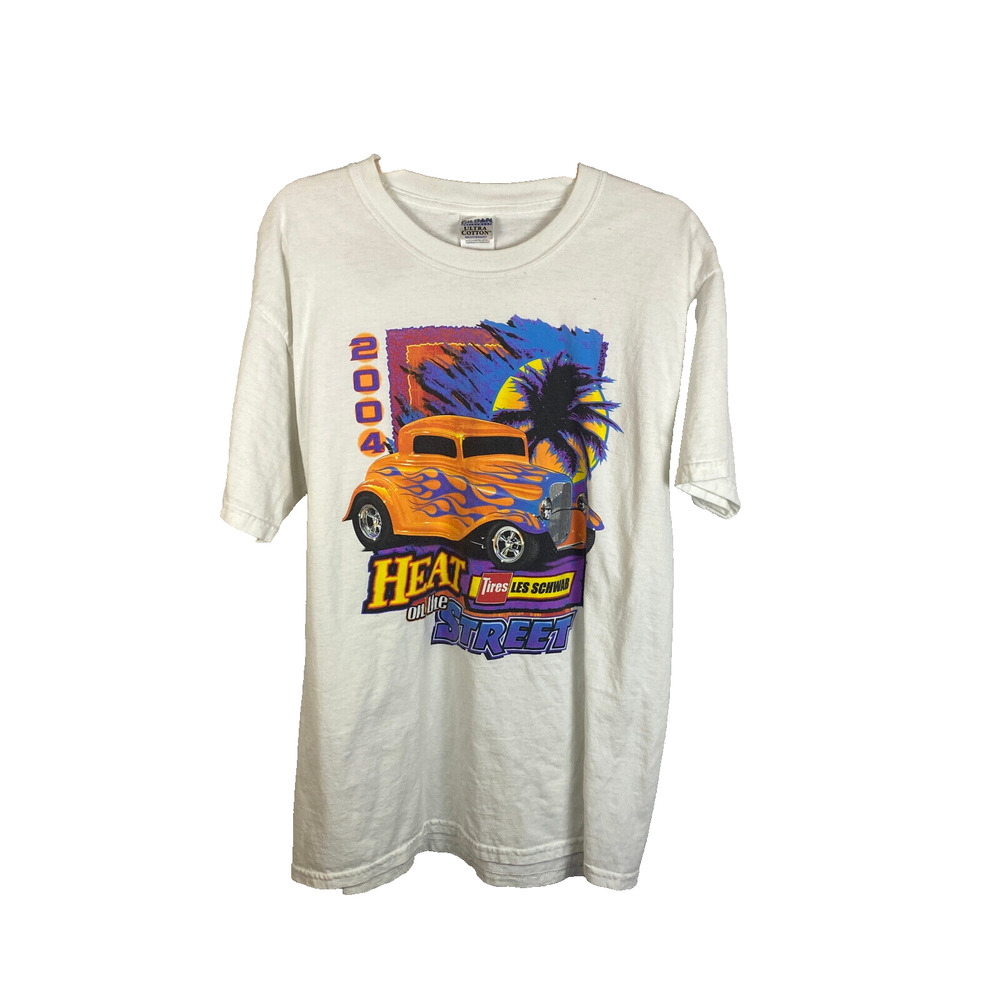 2004 Heat on the Street Men's T-Shirt Tee Sz Large Hanes White Tires Les Schwab